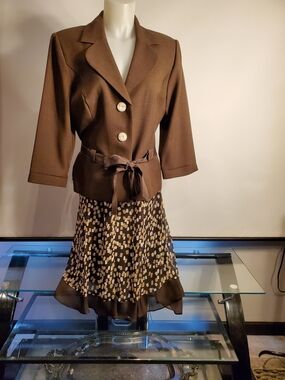 Studio I Brown Two-Piece Jacket & Skirt Set with Sheer Abstract Skirt Design